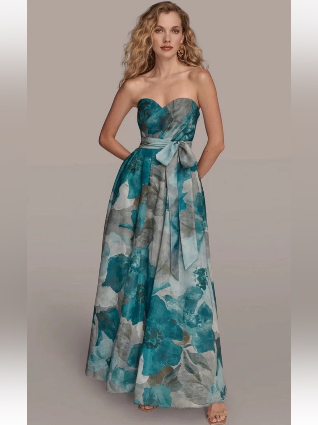 Donna Karan Sz 8 Organza Floral Strapless Belt Bow Gown Hudson Multi-Teal Nwt
